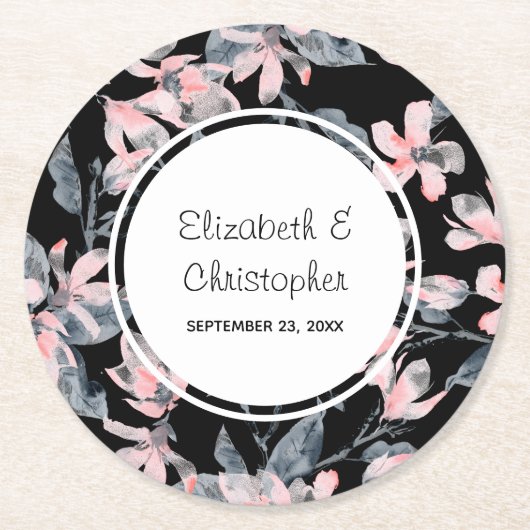 ピンクとグレーのフローラ水色パター結婚ン ラウンドペーパーコースター (正面)