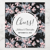 ピンクとグレーのフローラ水色パター結婚ン ワインラベル (シングルラベル)