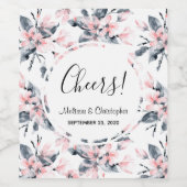 ピンクとグレーのフローラ水色パター結婚ン ワインラベル (シングルラベル)