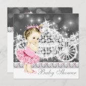 ピンクとグレーのプリンセスバレリーナチュチュベビーシャワー 招待状 (正面/裏面)