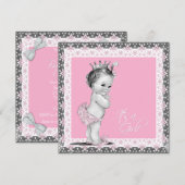 ピンクとグレーのベイビーガールシャワー 招待状 (正面/裏面)