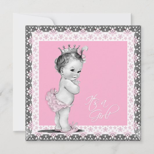 ピンクとグレーのベイビーガールシャワー 招待状 (正面)