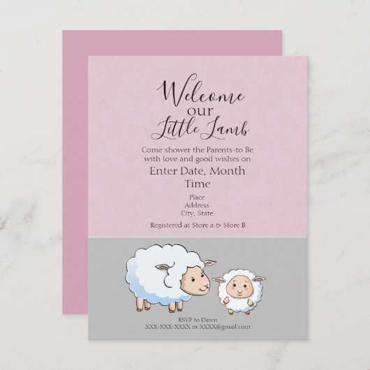 ピンクとグレーのベビーガールシャワー招待状 招待状 (正面/裏面)