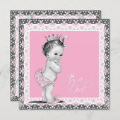 ピンクとグレーのベビーガールシャワー 招待状 (正面/裏面)