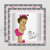 ピンクとグレーのベビーガールシャワー 招待状 (正面/裏面)