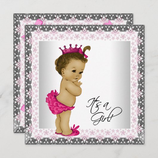 ピンクとグレーのベビーガールシャワー 招待状 (正面/裏面)