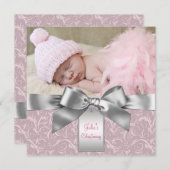 ピンクとグレーのベビーガールフォト《キリスト教》洗礼式や命名式 招待状 (正面/裏面)