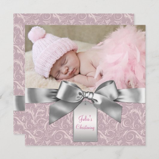 ピンクとグレーのベビーガールフォト《キリスト教》洗礼式や命名式 招待状 (正面/裏面)