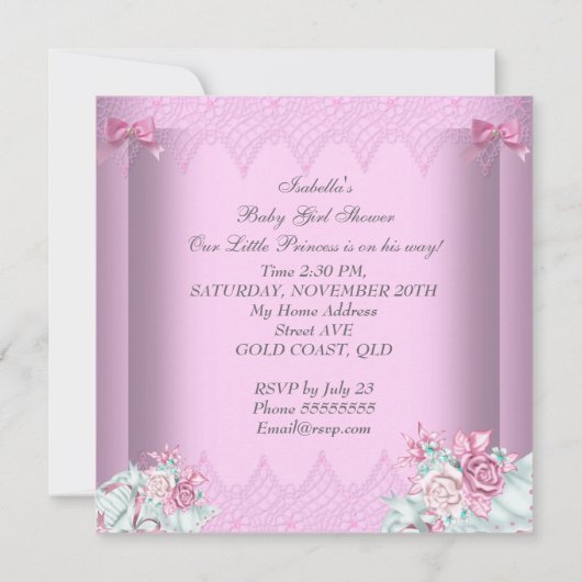 ピンクとグレーのベビーシャワーガールフローラ 招待状 (裏面)