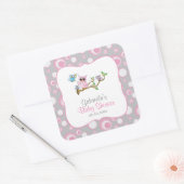 ピンクとグレーのベビーフクロウ赤ちゃんシャワーテーマ スクエアシール (封筒)