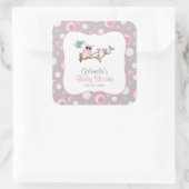 ピンクとグレーのベビーフクロウ赤ちゃんシャワーテーマ スクエアシール (バッグ)