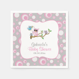 ピンクとグレーのベビーフクロウ赤ちゃんシャワーテーマ スタンダードカクテルナプキン