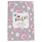 ピンクとグレーのベビーフクロウ赤ちゃんシャワー ミディアムペーパーバッグ (正面)