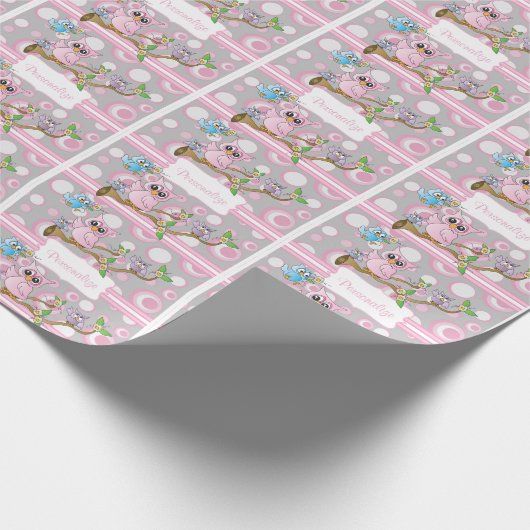 ピンクとグレーのベビーフクロウ |シャワーテーマ ラッピングペーパー (角)