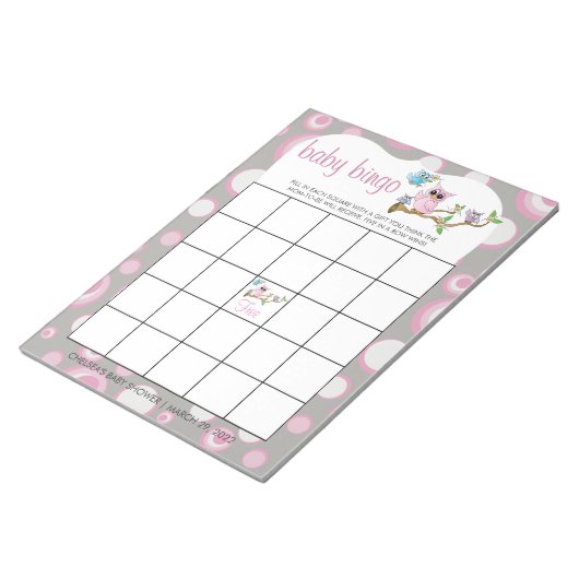 ピンクとグレーのベビーフクロウ |シャワービンゴゲーム ノートパッド (アングル)