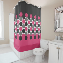 ピンクとグレーのポリカドット シャワーカーテン
