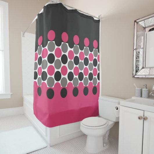 ピンクとグレーのポリカドット シャワーカーテン (インサイチュ)
