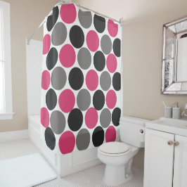 ピンクとグレーのポリカドット シャワーカーテン
