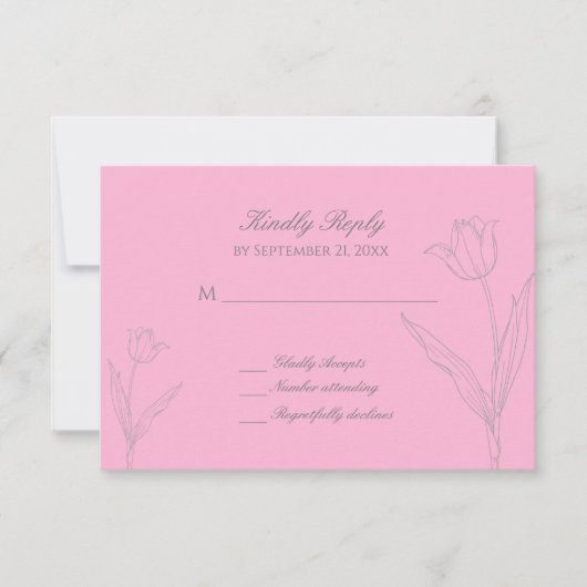 ピンクとグレーのミニマリストチューリップ結婚ズ 出欠カード (正面)
