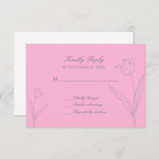 ピンクとグレーのミニマリストチューリップ結婚ズ 出欠カード (正面/裏面)