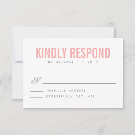 ピンクとグレーのモダンタイポグラフィウェディングRSVPカード 出欠カード (正面)