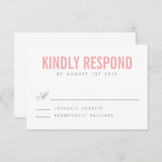 ピンクとグレーのモダンタイポグラフィウェディングRSVPカード 出欠カード (正面/裏面)