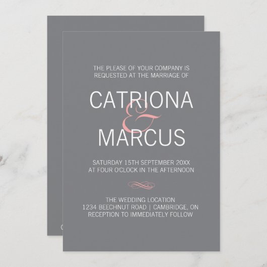 ピンクとグレーのモダンタイポグラフィ結婚式招待状 招待状 (正面/裏面)