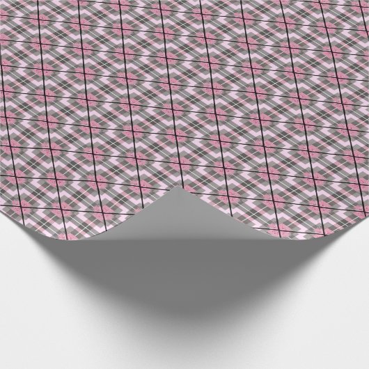 ピンクとグレーのユニークタイルのメダリオンプレイド ラッピングペーパー (角)