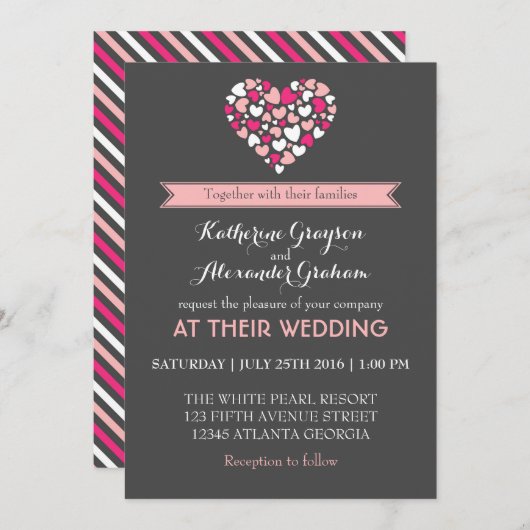ピンクとグレーのラブハートウェディング招待状 招待状 (正面/裏面)