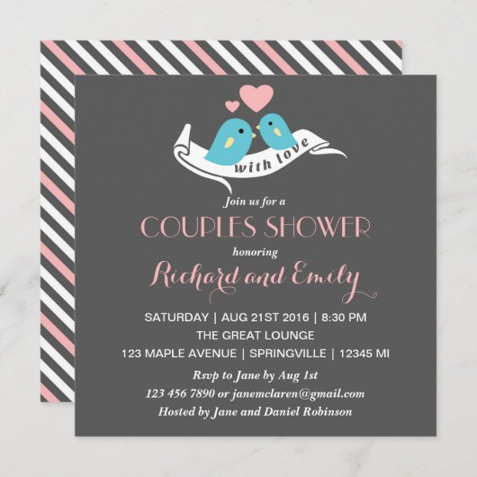 ピンクとグレーのラブバードのカップルのシャワー招待状 招待状 (正面/裏面)