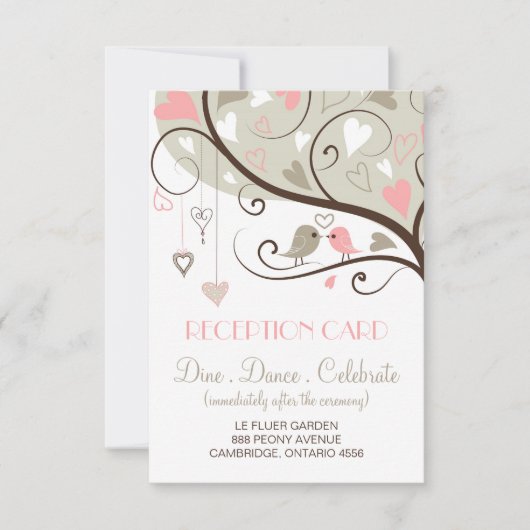 ピンクとグレーのラブバードの結婚式の受付カード 招待状 (正面)