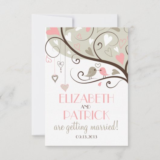 ピンクとグレーのラブバードの結婚披露宴受付カード 招待状 (裏面)