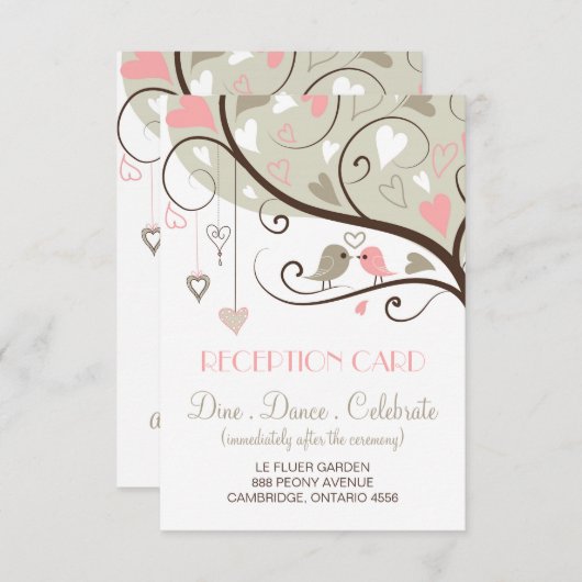 ピンクとグレーのラブバードの結婚披露宴受付カード 招待状 (正面/裏面)