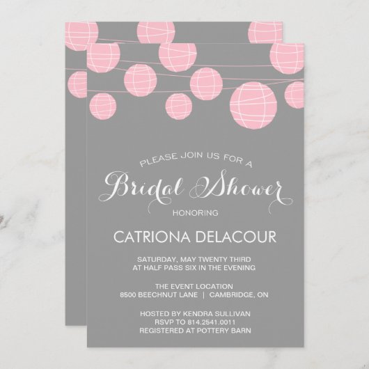 ピンクとグレーのランタンブライダルシャワーの招待 招待状 (正面/裏面)