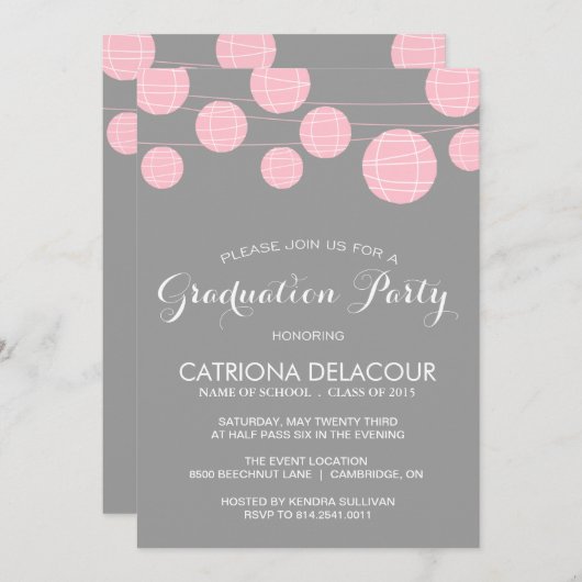 ピンクとグレーのランタン卒業パーティー招待状 招待状 (正面/裏面)
