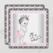 ピンクとグレーのリネンのベビーガールシャワー 招待状 (正面/裏面)