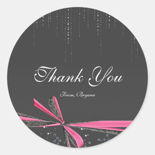 ピンクとグレーのリボン弓ラインストーンステッきらきら光るカー ラウンドシール (正面)