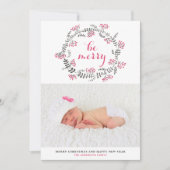 ピンクとグレーのリースメリークリスマスフォト シーズンカード (正面)