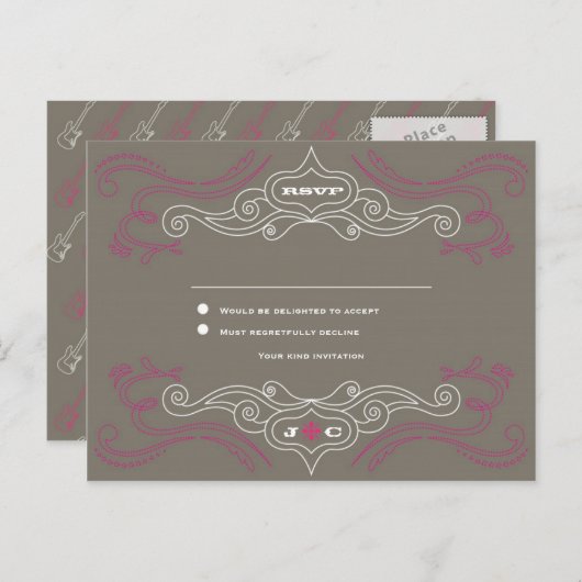 ピンクとグレーのロックとロール音楽をテーマ結婚にした インビテーションポストカード (正面/裏面)