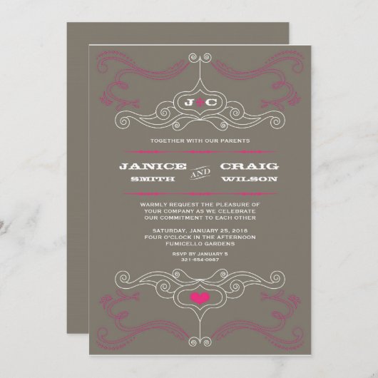 ピンクとグレーのロックとロール音楽をテーマ結婚にした 招待状 (正面/裏面)