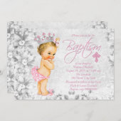 ピンクとグレーのヴィンテージプリンセスバプテスマ 招待状 (正面/裏面)
