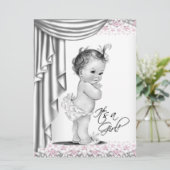 ピンクとグレーのヴィンテージベビーガールシャワー 招待状 (スタンド正面)