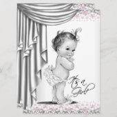 ピンクとグレーのヴィンテージベビーガールシャワー 招待状 (正面/裏面)