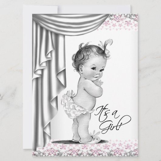 ピンクとグレーのヴィンテージベビーガールシャワー 招待状 (正面)