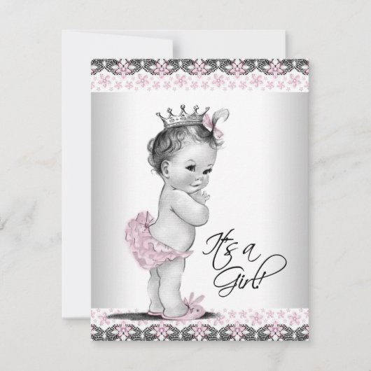 ピンクとグレーのヴィンテージベビーガールシャワー 招待状 (正面)