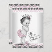 ピンクとグレーのヴィンテージベビーガールシャワー 招待状 (正面/裏面)