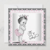 ピンクとグレーのヴィンテージベビーガールシャワー 招待状 (正面)