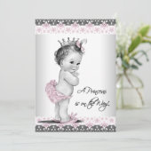 ピンクとグレーのヴィンテージベビーガールシャワー 招待状 (スタンド正面)