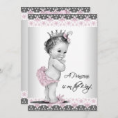 ピンクとグレーのヴィンテージベビーガールシャワー 招待状 (正面/裏面)