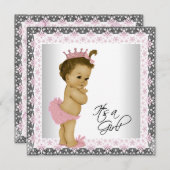 ピンクとグレーのヴィンテージベビーガールシャワー 招待状 (正面/裏面)